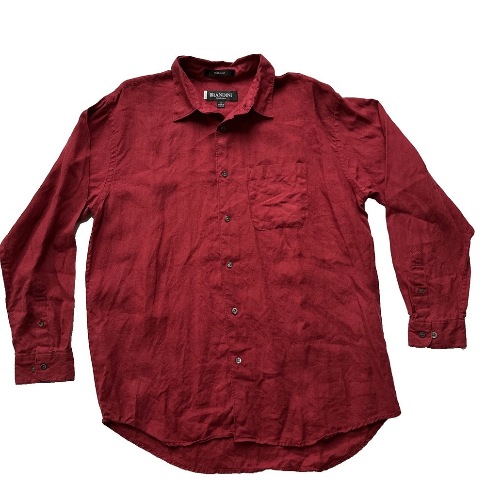 100% Linen Brandini le Collezioni Mens Linen Button Down Shirt Long Sleeve Red